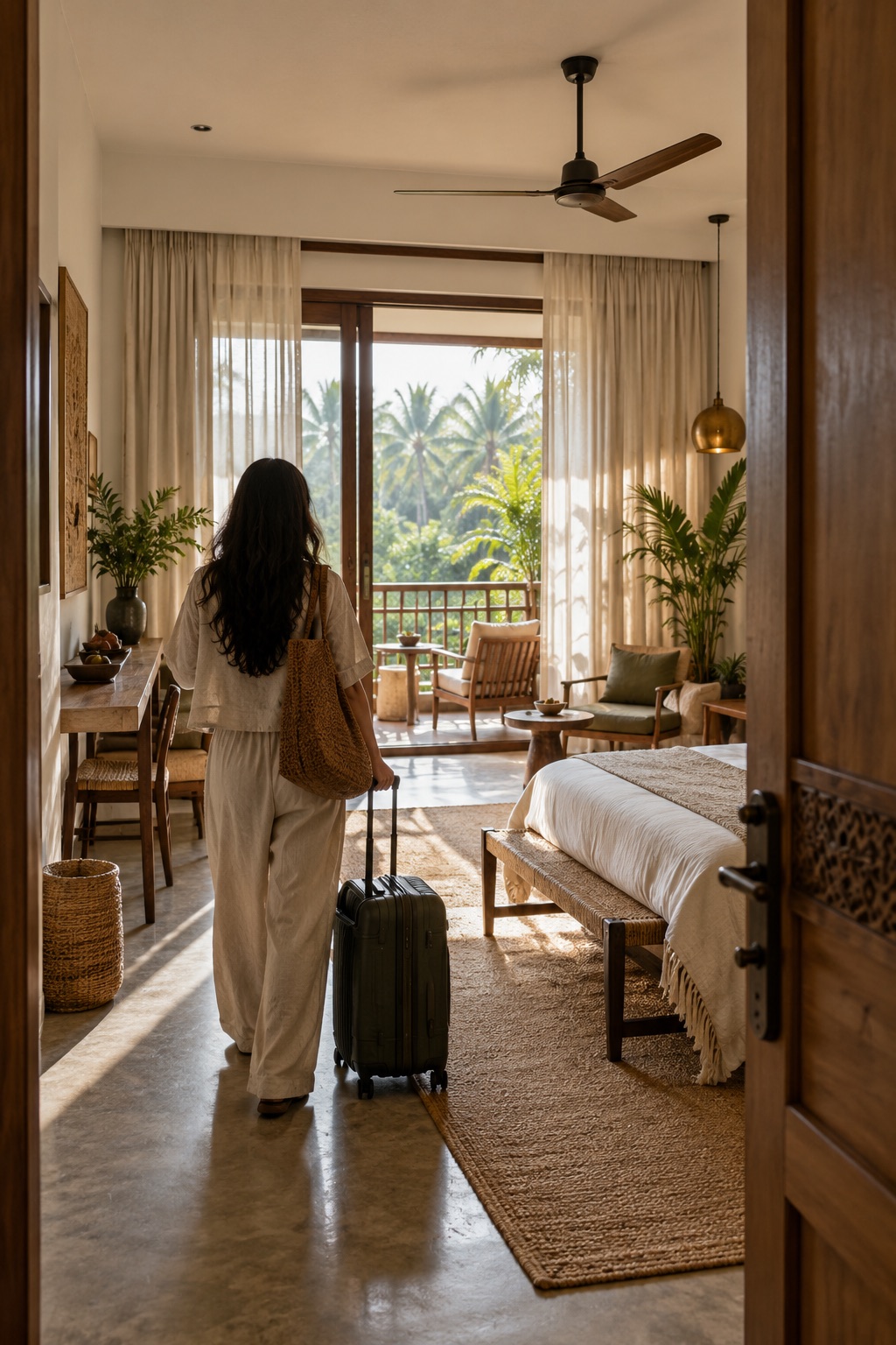 A traveler arriving at a sunlit hotel room