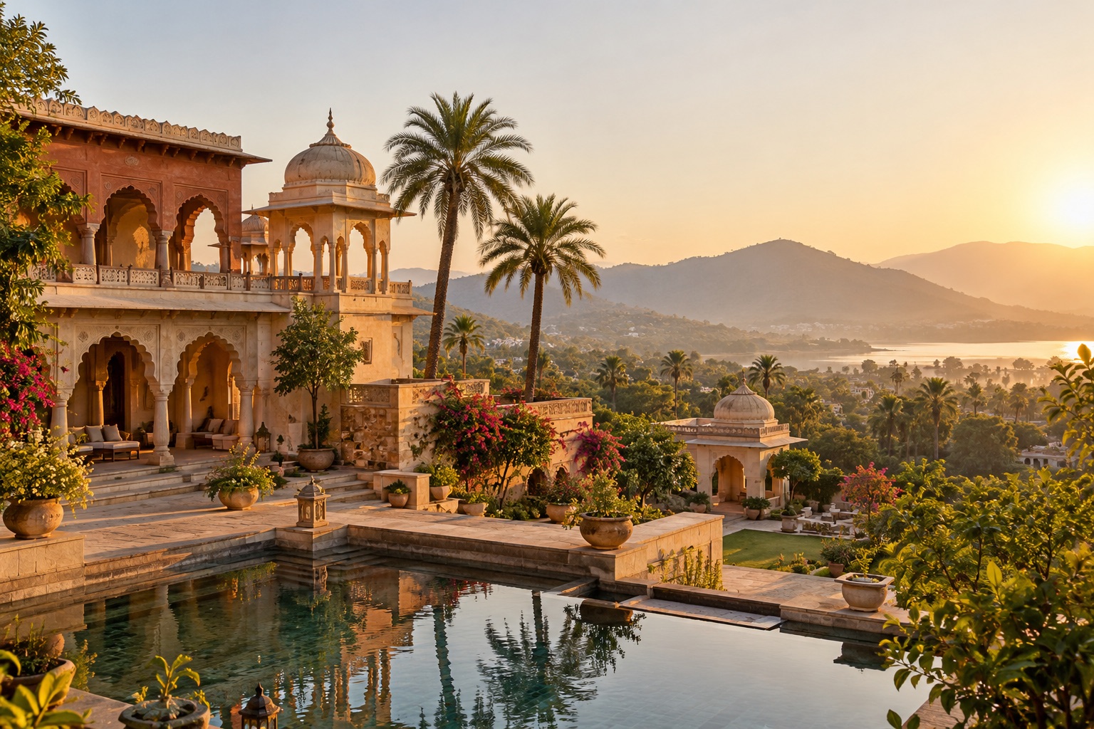 Heritage-style Indian hotel overlooking a sunlit landscape