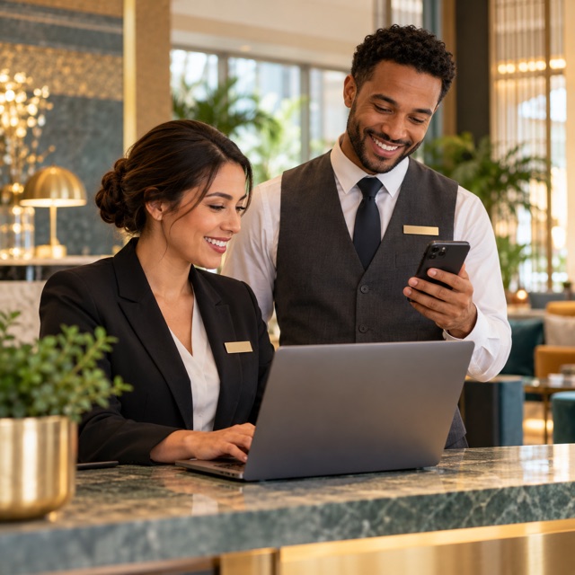 Hotel colleagues working together with a laptop and phone