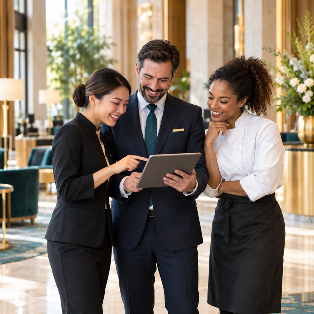 Hotel colleagues reviewing their team on a tablet