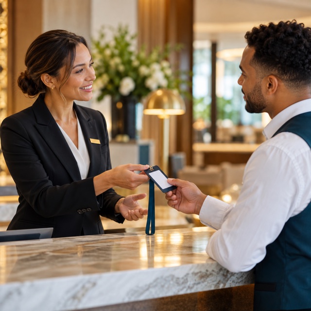 Hotel manager handing an access badge to a colleague